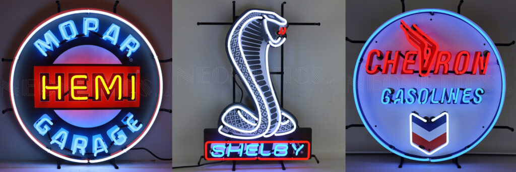 Neon signs: Mopar, Shelby, Chevron Gasolines.