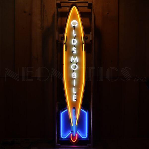 OLDSMOBILE ROCKET NEON SIGN IN  STEEL CAN - 9OLDRK