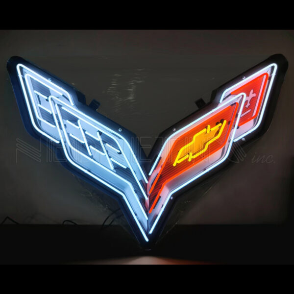 CORVETTE C7 FLAGS NEON SIGN IN SHAPED STEEL CAN - 9C7COR