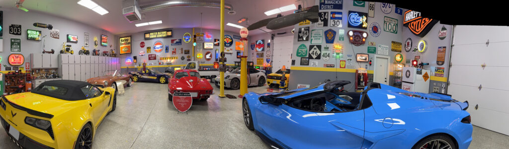 Private Garage with 8 vintage cars and various neon signs